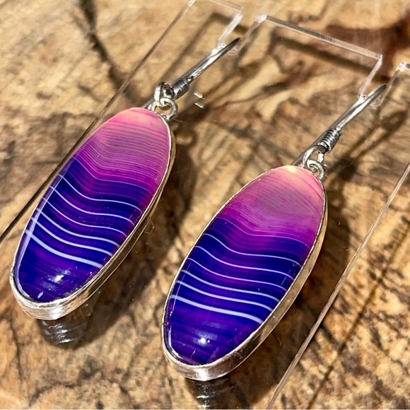 Purple-Pink Botswana Agate Earrings 2” - Picture 7 of 11